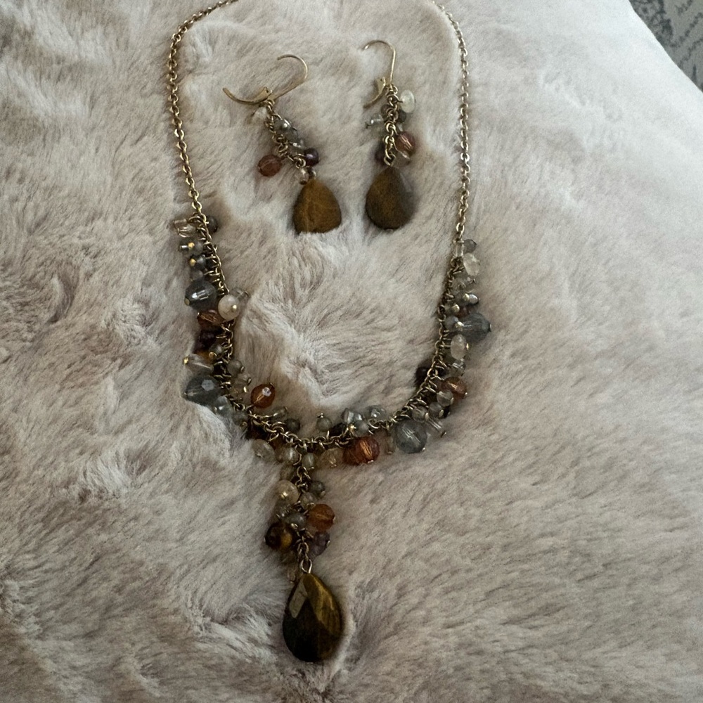 Beaded Teardrop Necklace & Earrings Set - Multicolor Gemstone